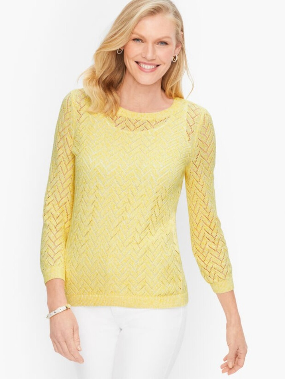 Talbots Pointelle Sweater Size 3X Butter Yellow Open Knit Cotton Linen Chevron